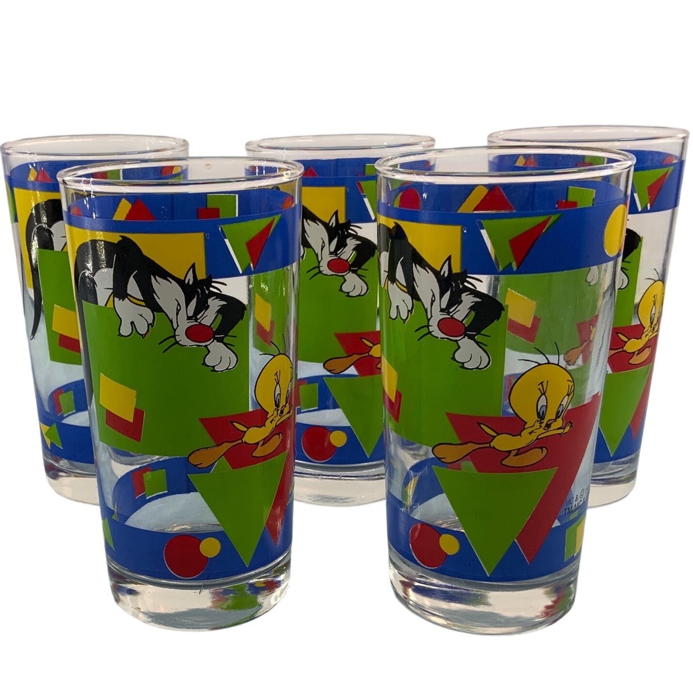Vintage 1995‎ Looney Tunes Sylvester Tweety Bird Glass Tumblers Set of 5 Pop Art - Picture 3 of 4